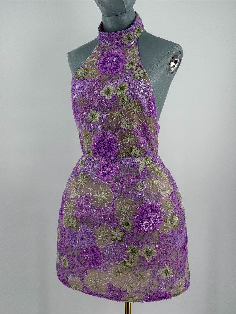 🆕 BRONX & BANCO 🧿 NWOT Deidre Floral Sequin Halter Mini Dress, Lilac Sz S US 4 - Picture 6 of 16